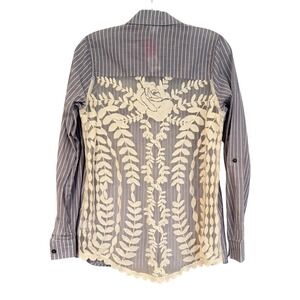 Xhilaration Striped Lace Button Up Shirt Womens M Blue White Boho Hippie Cowgirl